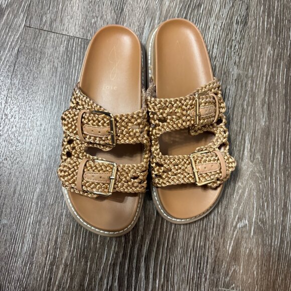 Joie Weaver Tan Woven Buckle Sandals Size 7M Slide Flat Braided Slip-On - Picture 2 of 5
